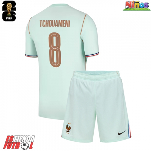 Francia Aurelien Tchouameni #8 Segunda Equipación Niños Mundial 2026 Manga Corta (+ Pantalones cortos)